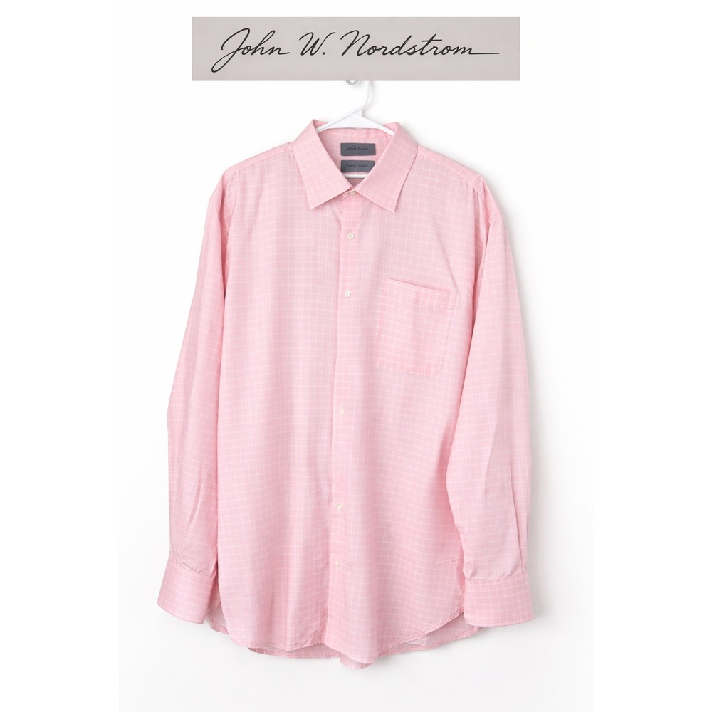 John W Nordstrom Pink Check Dress Shirt 16.5 34 Cotton Classic